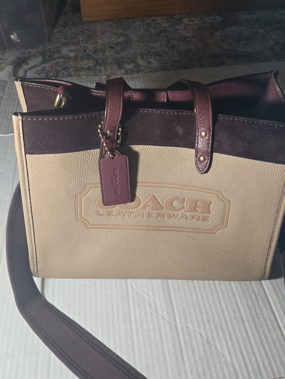 Coach Two-Tone Beige and Burgundy Leather Tote